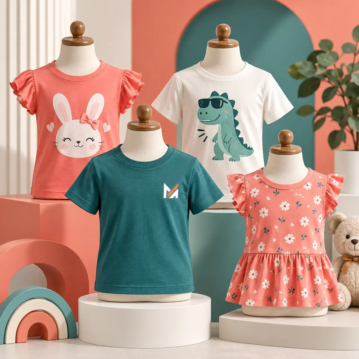 Colorful kids T-shirts and tops displayed on mannequins in coral, teal, and white, featuring playful bunny, dinosaur, floral designs, and a visible Mega Apparel logo.